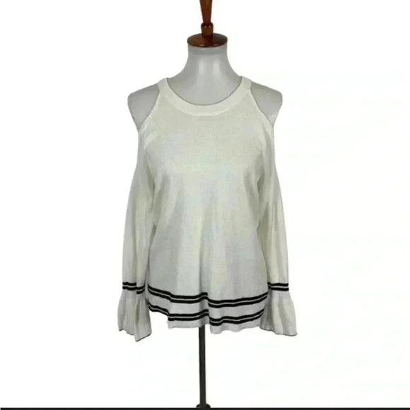 Knitted & knitted cold/off shoulder ruffle sleeve stripe cotton sweater top - Picture 3 of 6